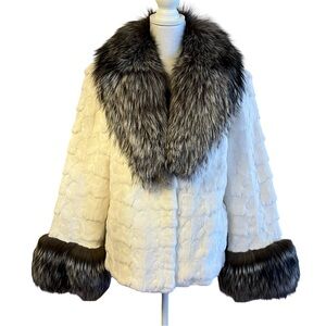 White Mink Sections Fur Jacket Silver Fox Fur Trim Size L Genuine Fur Women NWT